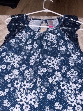 No Boundaries Navy Blue and White Floral Crochet Sleeve Tunic
